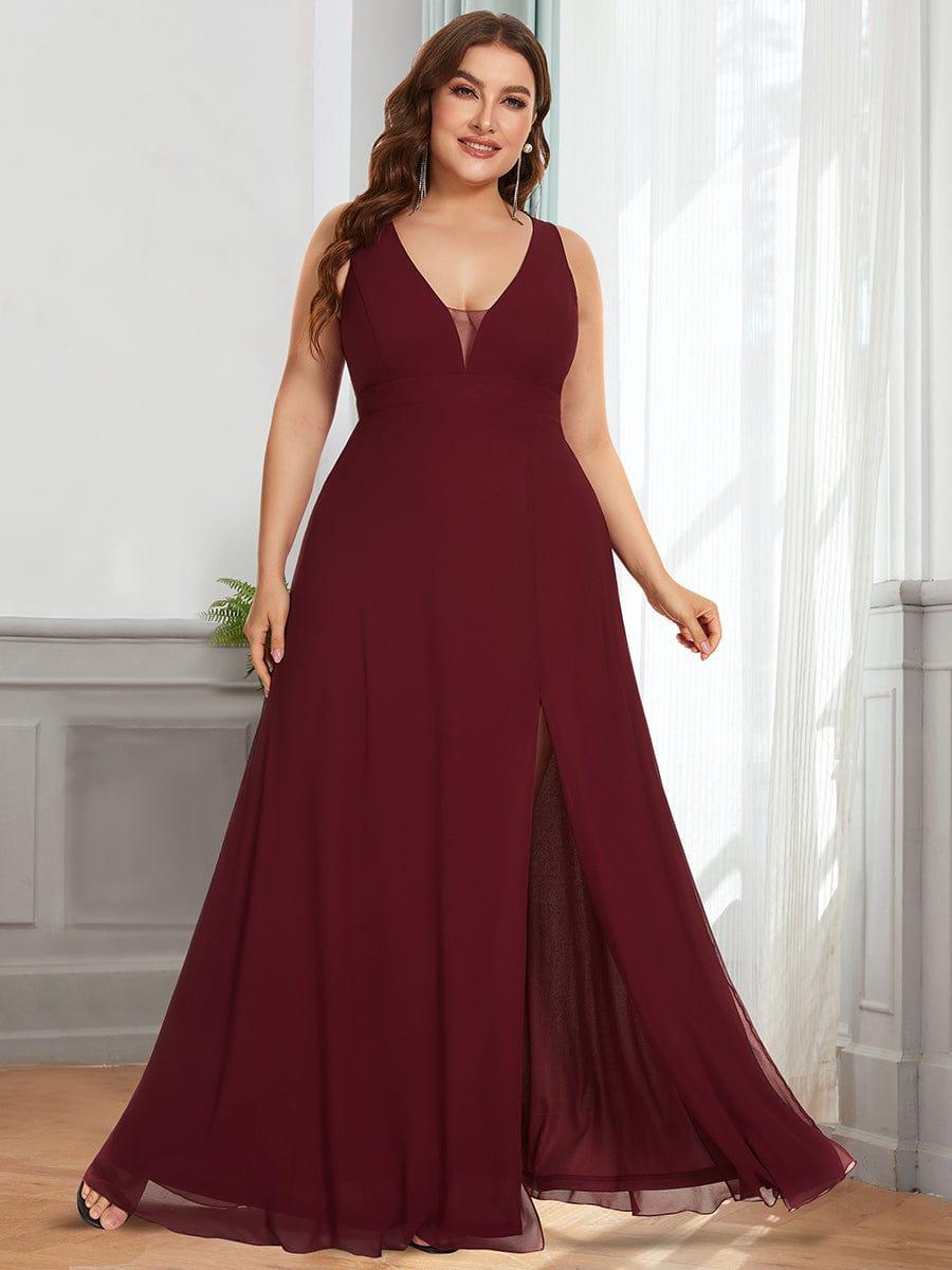 Deep V Open Back Slit Long Plus Size Bridesmaid Dress #color_Burgundy Deep V Open Back Slit Long Plus Size Bridesmaid Dress