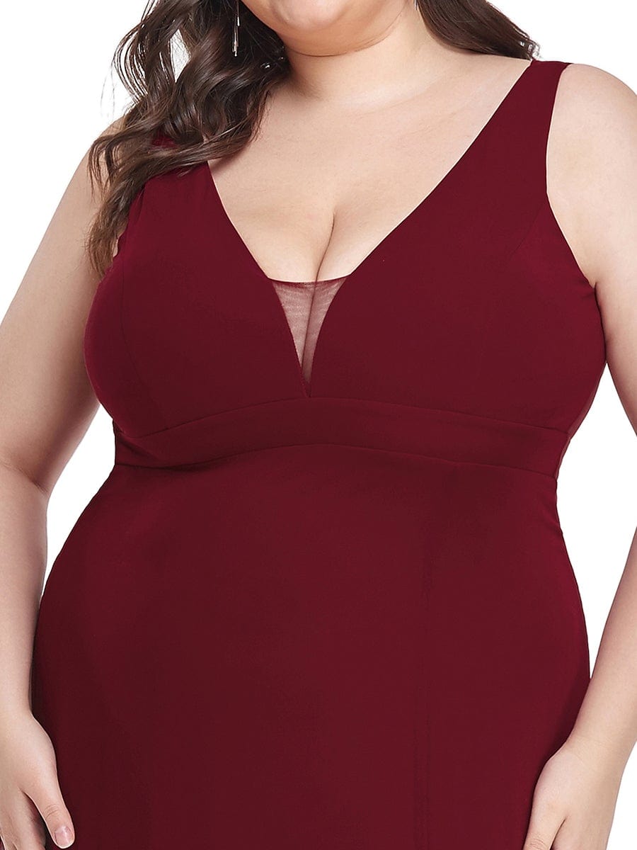 Deep V Open Back Slit Long Plus Size Bridesmaid Dress #color_Burgundy Deep V Open Back Slit Long Plus Size Bridesmaid Dress