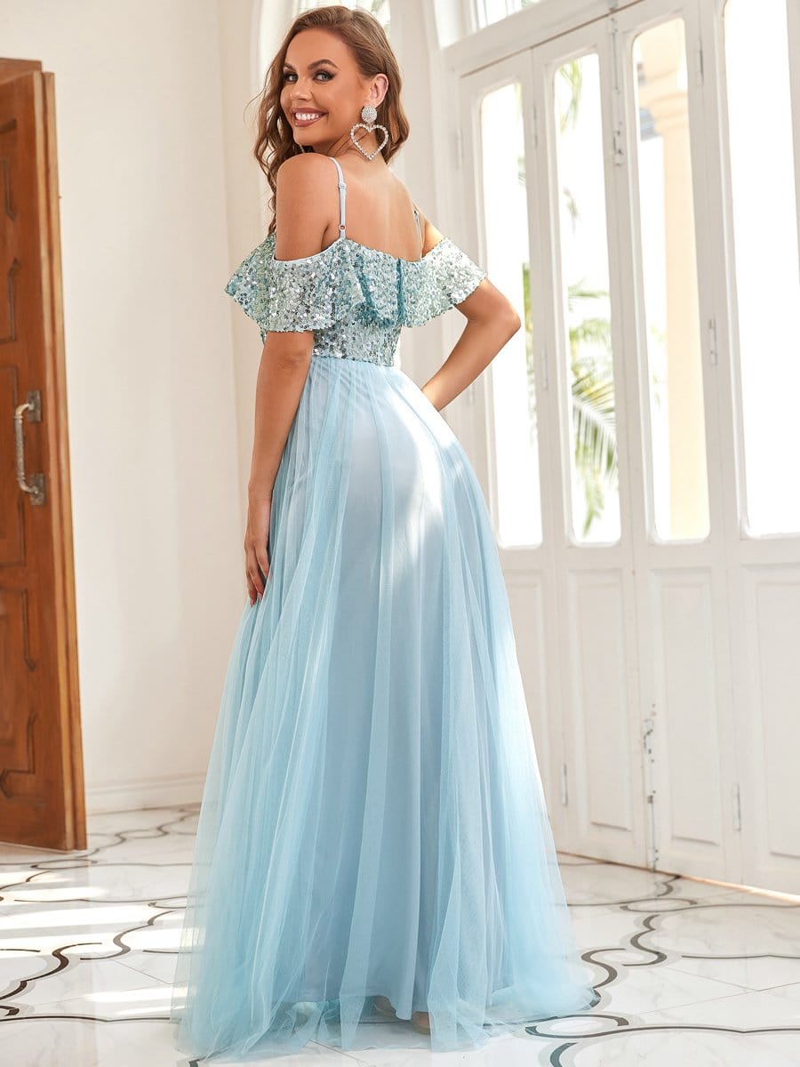 Color=Sky Blue | A Line Cold Shoulder Sequin Ruffle Long Bridesmaid Dress-Sky Blue 1 Color=Sky Blue | A Line Cold Shoulder Sequin Ruffle Long Bridesmaid Dress-Sky Blue 2