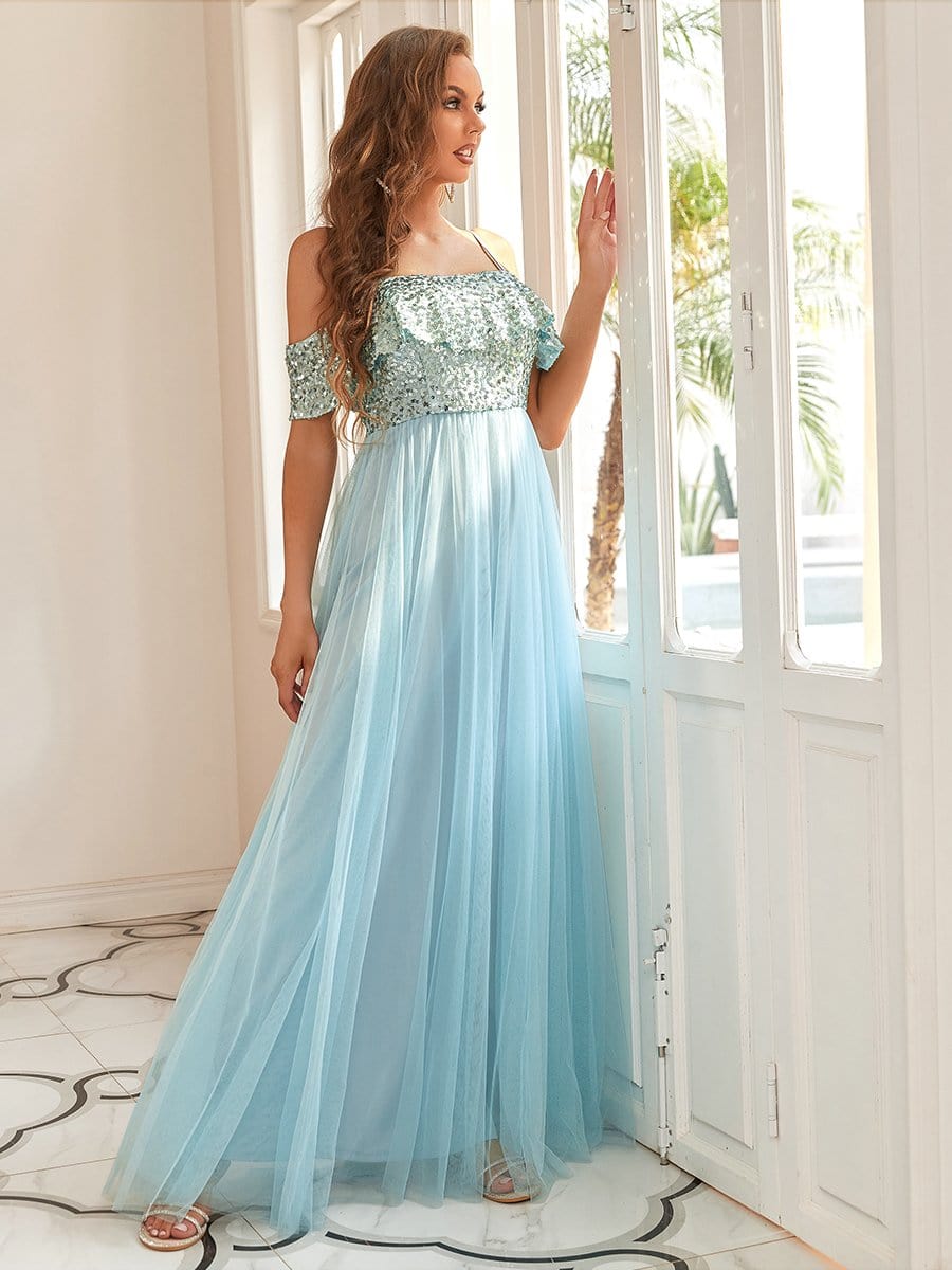 Color=Sky Blue | A Line Cold Shoulder Sequin Ruffle Long Bridesmaid Dress-Sky Blue 1 Color=Sky Blue | A Line Cold Shoulder Sequin Ruffle Long Bridesmaid Dress-Sky Blue 5