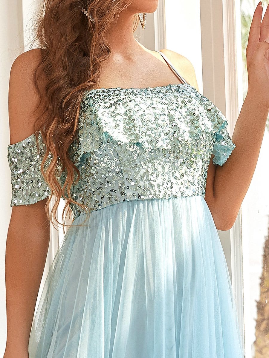 Color=Sky Blue | A Line Cold Shoulder Sequin Ruffle Long Bridesmaid Dress-Sky Blue 1 Color=Sky Blue | A Line Cold Shoulder Sequin Ruffle Long Bridesmaid Dress-Sky Blue 4
