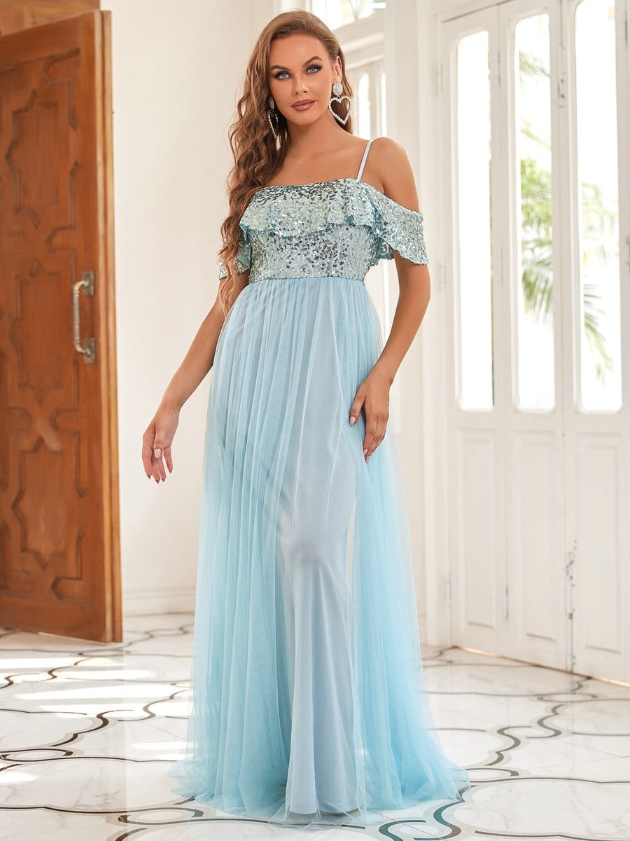 Color=Sky Blue | A Line Cold Shoulder Sequin Ruffle Long Bridesmaid Dress-Sky Blue 1 Color=Sky Blue | A Line Cold Shoulder Sequin Ruffle Long Bridesmaid Dress-Sky Blue 3