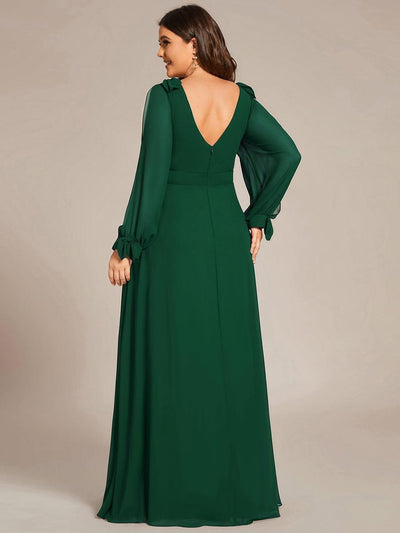 Plus Size Split Long Sleeve V-Neck Bridesmaid Dress #color_Dark Green
