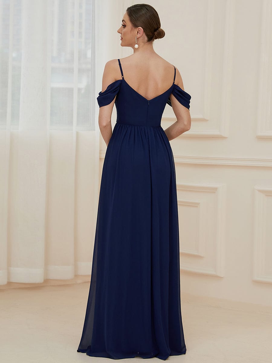 Cold Shoulder Pleated A-line Bridesmaid Dress #color_Navy Blue