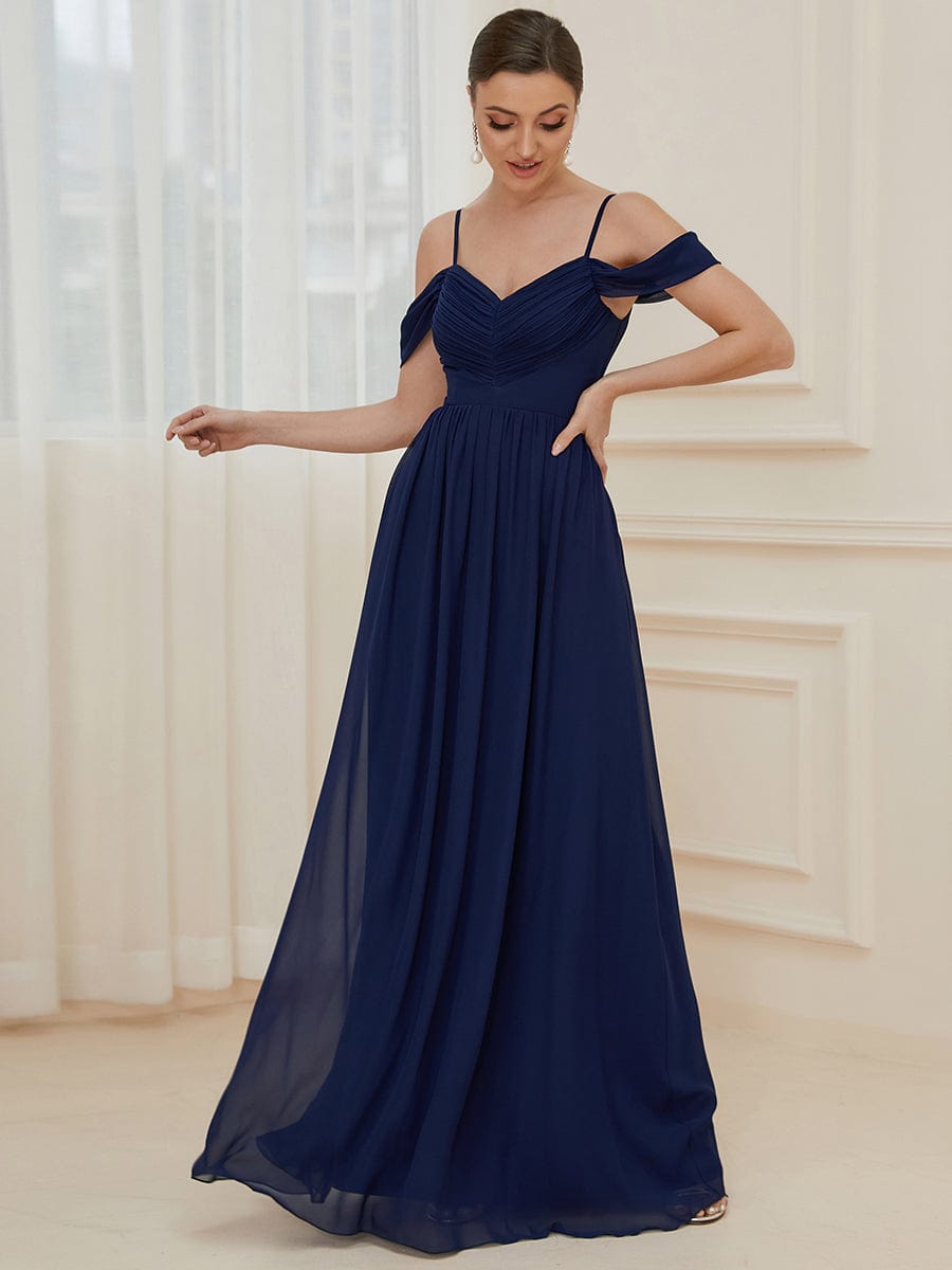 Cold Shoulder Pleated A-line Bridesmaid Dress #color_Navy Blue Cold Shoulder Pleated A-line Bridesmaid Dress
