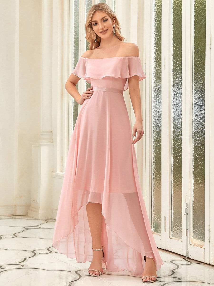 Off Shoulder Midi High Low Bridesmaid Dress #color_Pink Off Shoulder Midi High Low Bridesmaid Dress