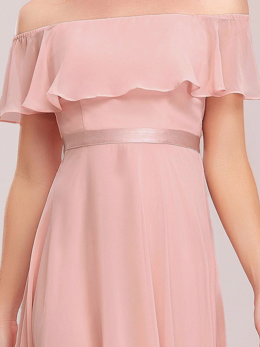 Off Shoulder Midi High Low Bridesmaid Dress #color_Pink Off Shoulder Midi High Low Bridesmaid Dress