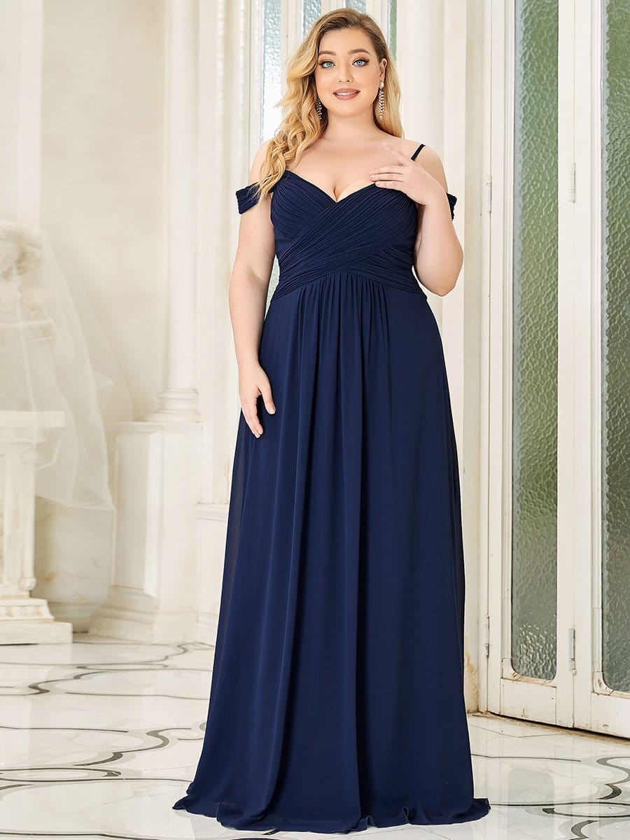 Cold Shoulder Pleated Floor Length Plus Size Bridesmaid Dress #color_Navy Blue Cold Shoulder Pleated Floor Length Plus Size Bridesmaid Dress