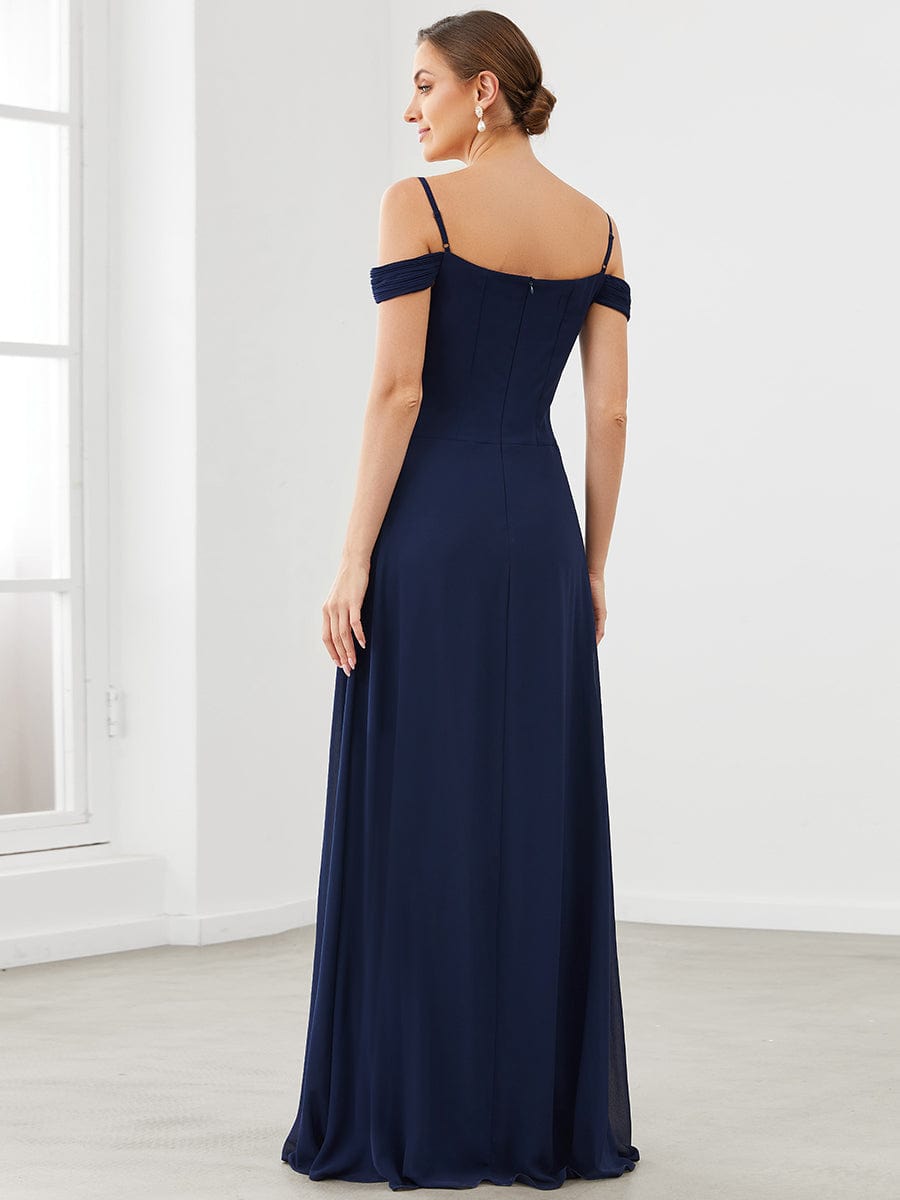 Cold Shoulder High Waist Floor Length Bridesmaid Dress #color_Navy Blue