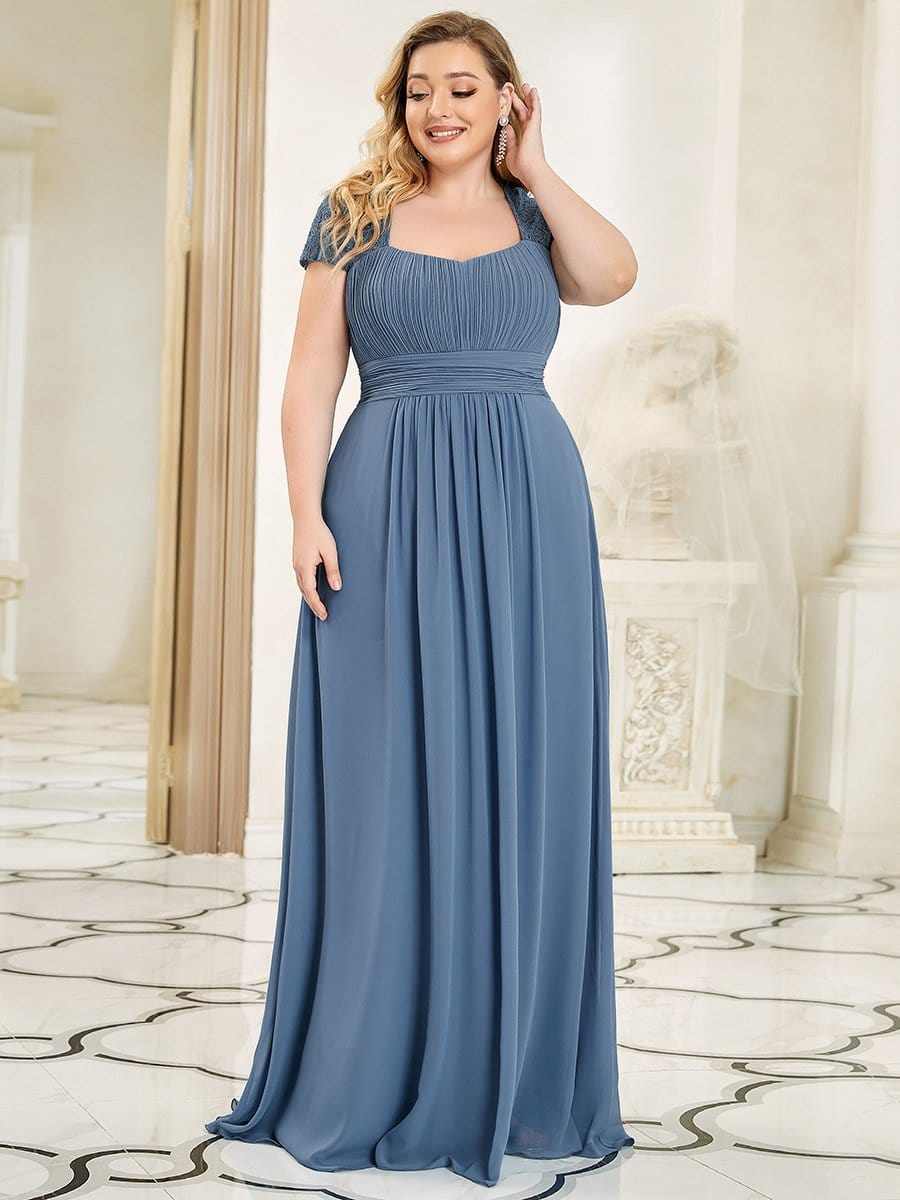Lace Cap Sleeve Pleated Floor Length Plus Size Bridesmaid Dress #color_Dusty Navy Lace Cap Sleeve Pleated Floor Length Plus Size Bridesmaid Dress