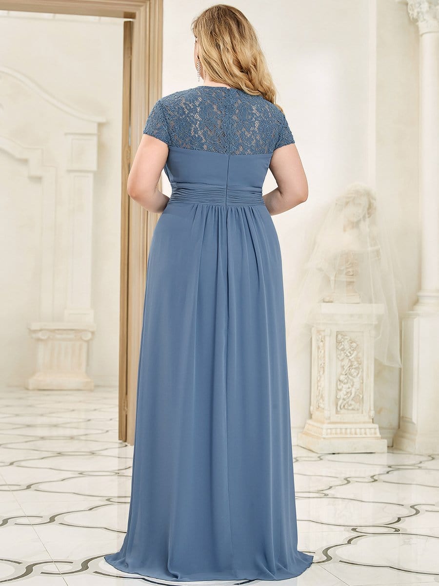 Lace Cap Sleeve Pleated Floor Length Plus Size Bridesmaid Dress #color_Dusty Navy Lace Cap Sleeve Pleated Floor Length Plus Size Bridesmaid Dress