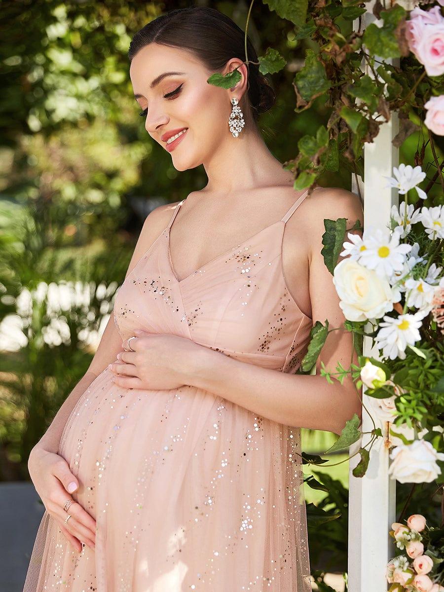 Spaghetti Strap Scattered Sequins V-neck Floor Length Maternity Dress #color_Pink Spaghetti Strap Scattered Sequins V-neck Floor Length Maternity Dress