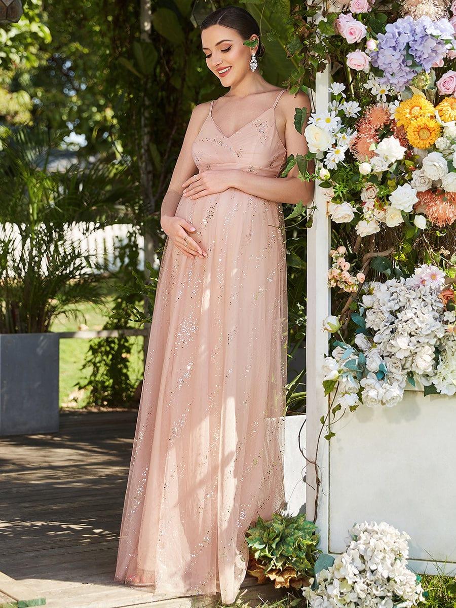 Spaghetti Strap Scattered Sequins V-neck Floor Length Maternity Dress #color_Pink Spaghetti Strap Scattered Sequins V-neck Floor Length Maternity Dress