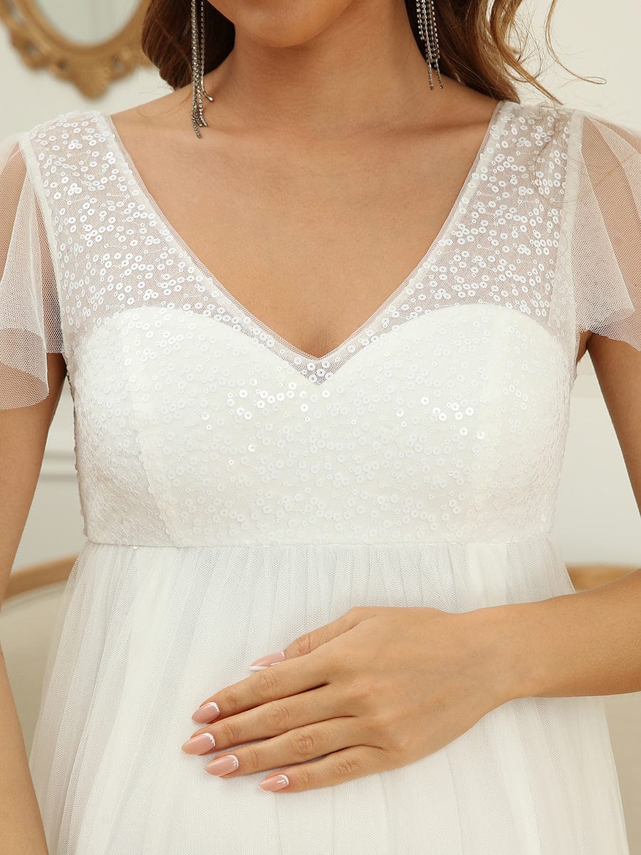 Sheer Flutter Sleeve V-Neck Maxi Maternity Dress #color_White Sheer Flutter Sleeve V-neck Maxi Maternity Dress