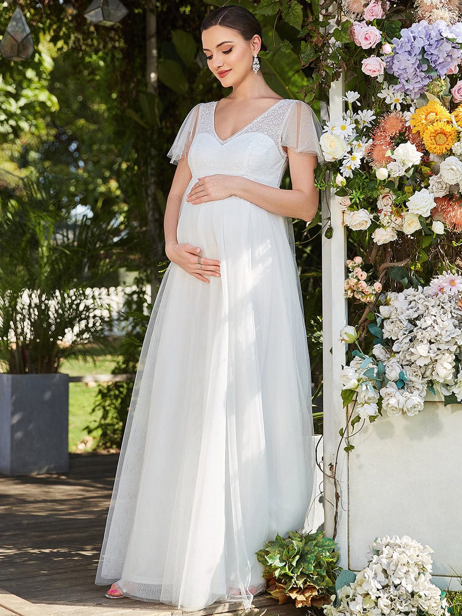 Sheer Flutter Sleeve V-Neck Maxi Maternity Dress #color_White Sheer Flutter Sleeve V-neck Maxi Maternity Dress
