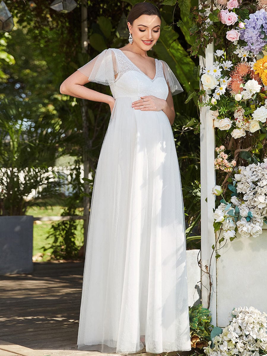 Sheer Flutter Sleeve V-Neck Maxi Maternity Dress #color_White Sheer Flutter Sleeve V-neck Maxi Maternity Dress