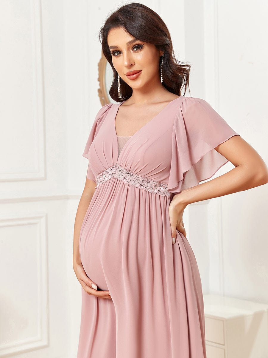 Chiffon Lace Empire Waist Short Sleeve Pleated Floor-Length Maternity Dress #Color_Dusty Rose Chiffon Lace Empire Waist Short Sleeve Pleated Floor-Length Maternity Dress
