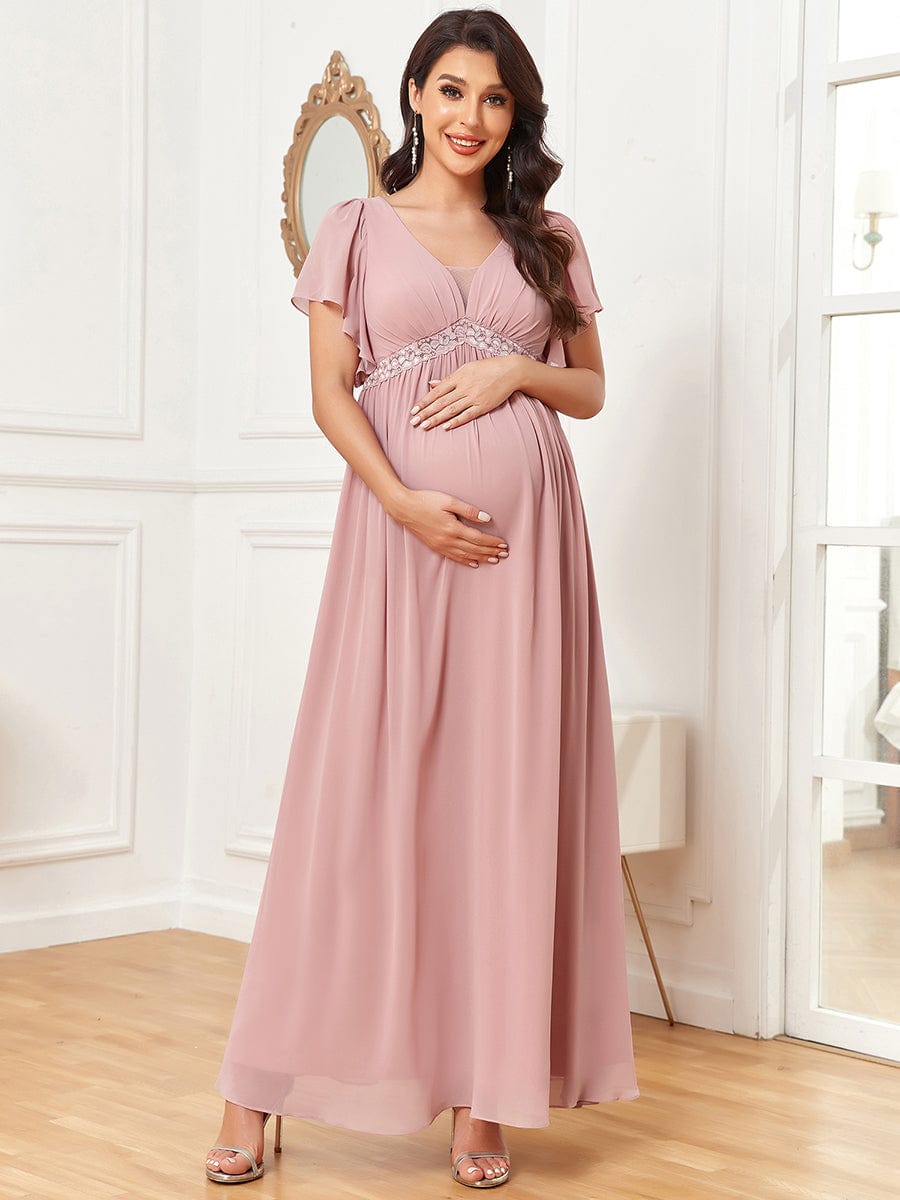 Chiffon Lace Empire Waist Short Sleeve Pleated Floor-Length Maternity Dress #Color_Dusty Rose Chiffon Lace Empire Waist Short Sleeve Pleated Floor-Length Maternity Dress