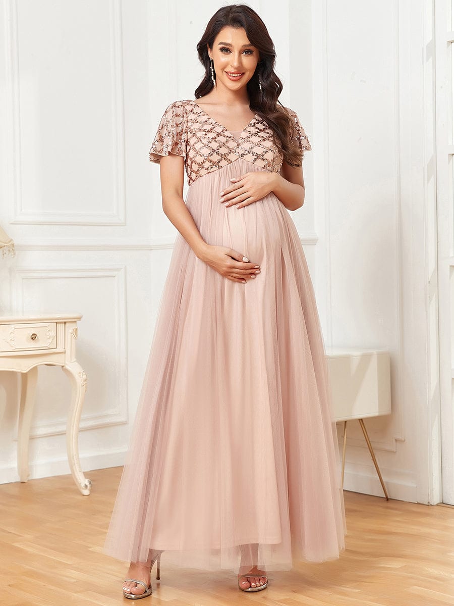 Short Sleeve Sequin Empire Waist A-Line Pleated Tulle Maternity Dress #Color_Rose Gold Short Sleeve Sequin Empire Waist A-Line Pleated Tulle Maternity Dress