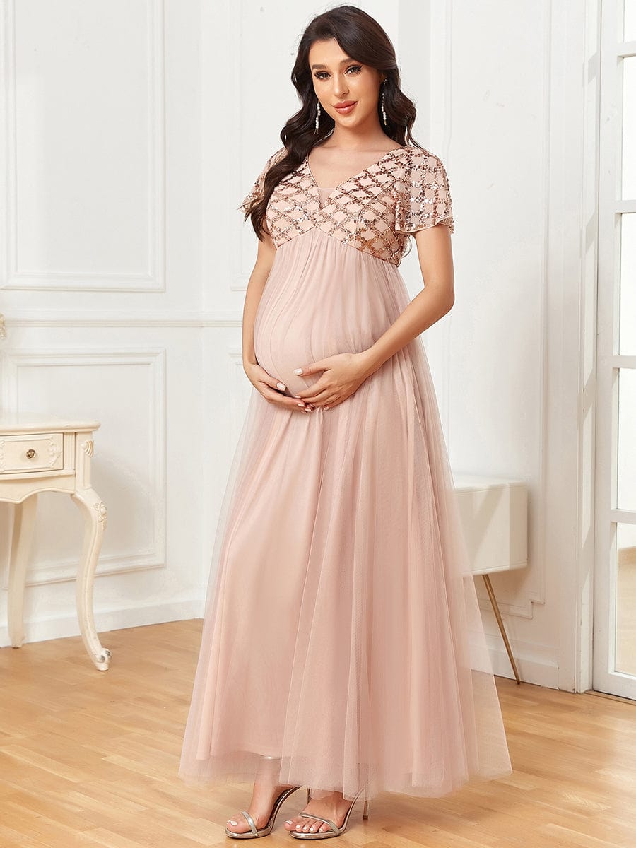 Short Sleeve Sequin Empire Waist A-Line Pleated Tulle Maternity Dress #Color_Rose Gold Short Sleeve Sequin Empire Waist A-Line Pleated Tulle Maternity Dress