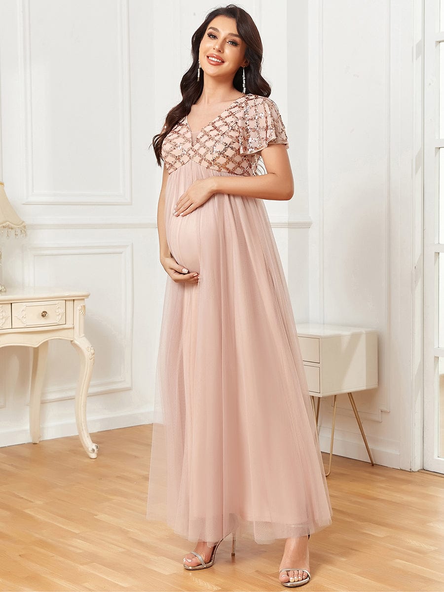 Short Sleeve Sequin Empire Waist A-Line Pleated Tulle Maternity Dress #Color_Rose Gold Short Sleeve Sequin Empire Waist A-Line Pleated Tulle Maternity Dress