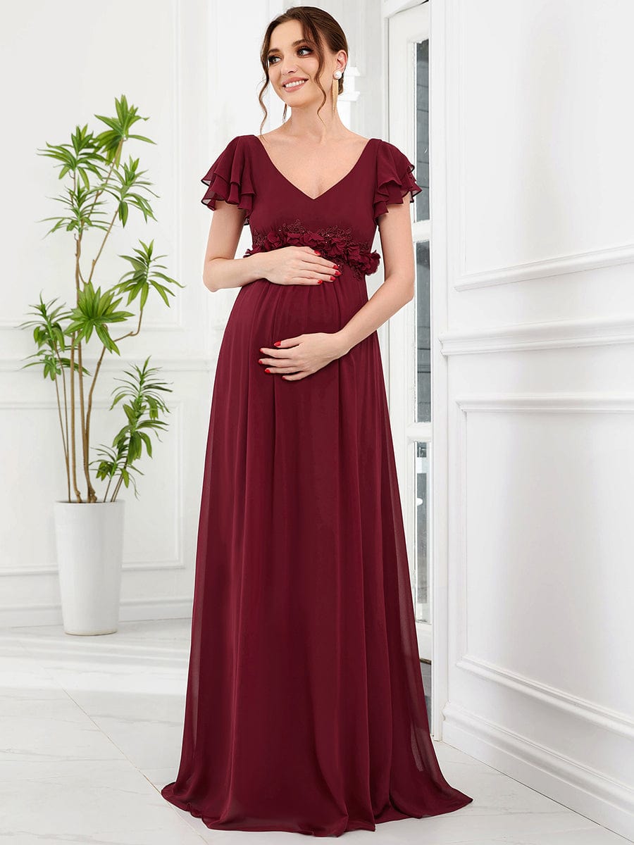 Chiffon Ruffled Short Sleeve Corsage A-Line Maternity Dress #Color_Burgundy Chiffon Ruffled Short Sleeve Corsage A-Line Maternity Dress