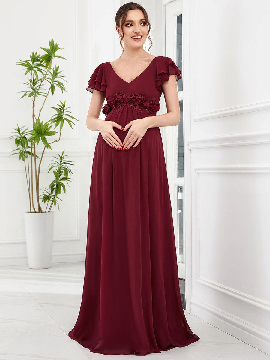 Chiffon Ruffled Short Sleeve Corsage A-Line Maternity Dress #Color_Burgundy Chiffon Ruffled Short Sleeve Corsage A-Line Maternity Dress