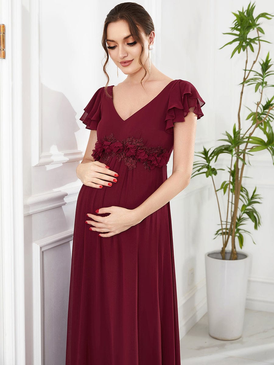 Chiffon Ruffled Short Sleeve Corsage A-Line Maternity Dress #Color_Burgundy Chiffon Ruffled Short Sleeve Corsage A-Line Maternity Dress