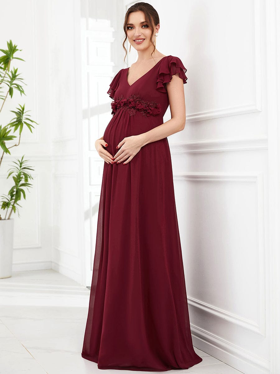 Chiffon Ruffled Short Sleeve Corsage A-Line Maternity Dress #Color_Burgundy Chiffon Ruffled Short Sleeve Corsage A-Line Maternity Dress