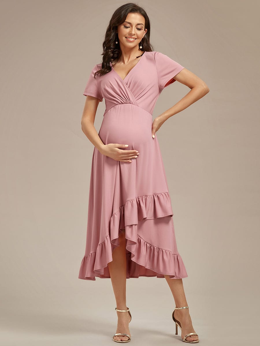 Stylish V-Neck Maternity Dress with Ruffles High Low Hemline #color_Dusty Rose