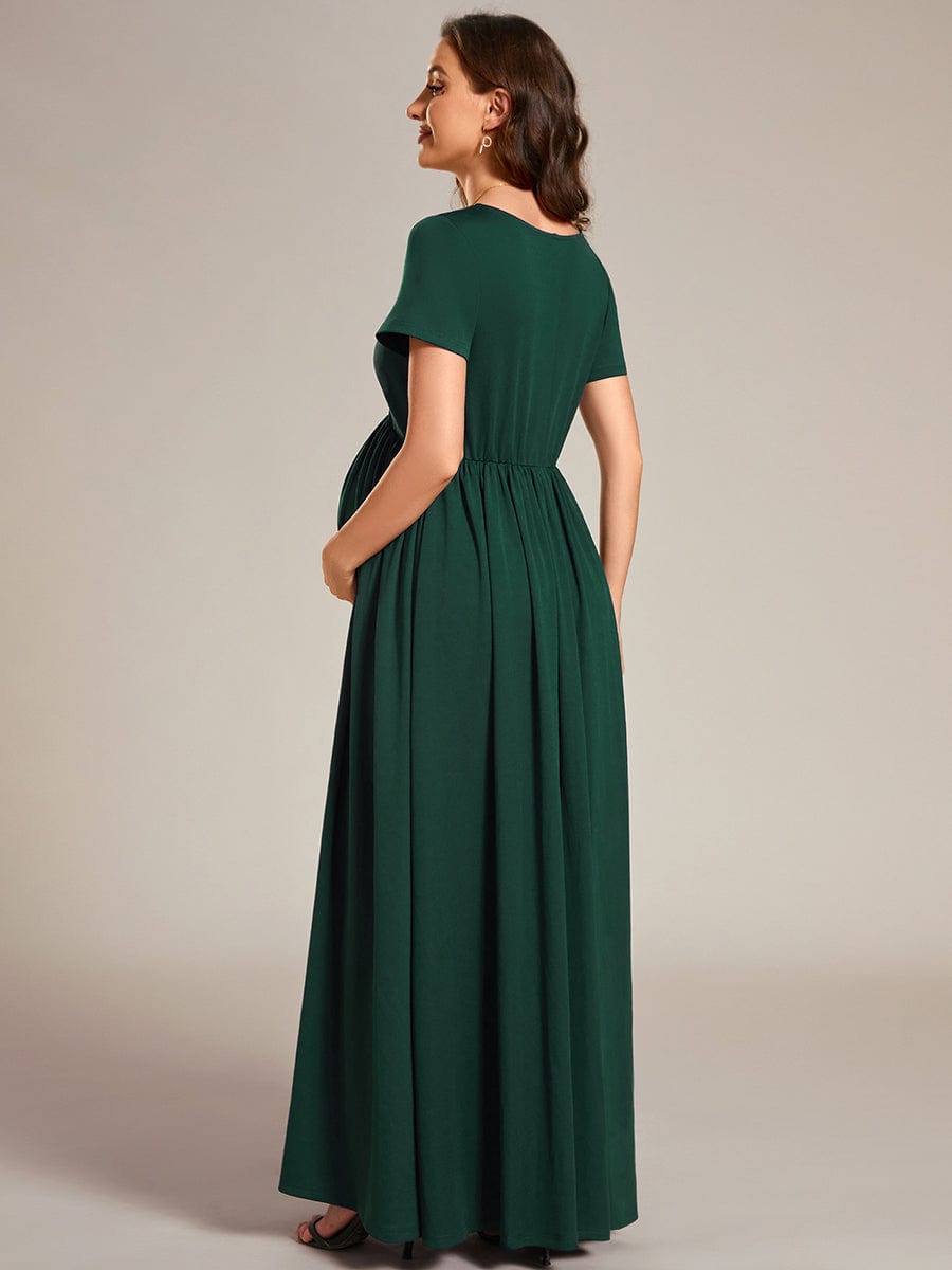 V-Neck Short Sleeve A-line Maternity Dress #Color_Dark Green