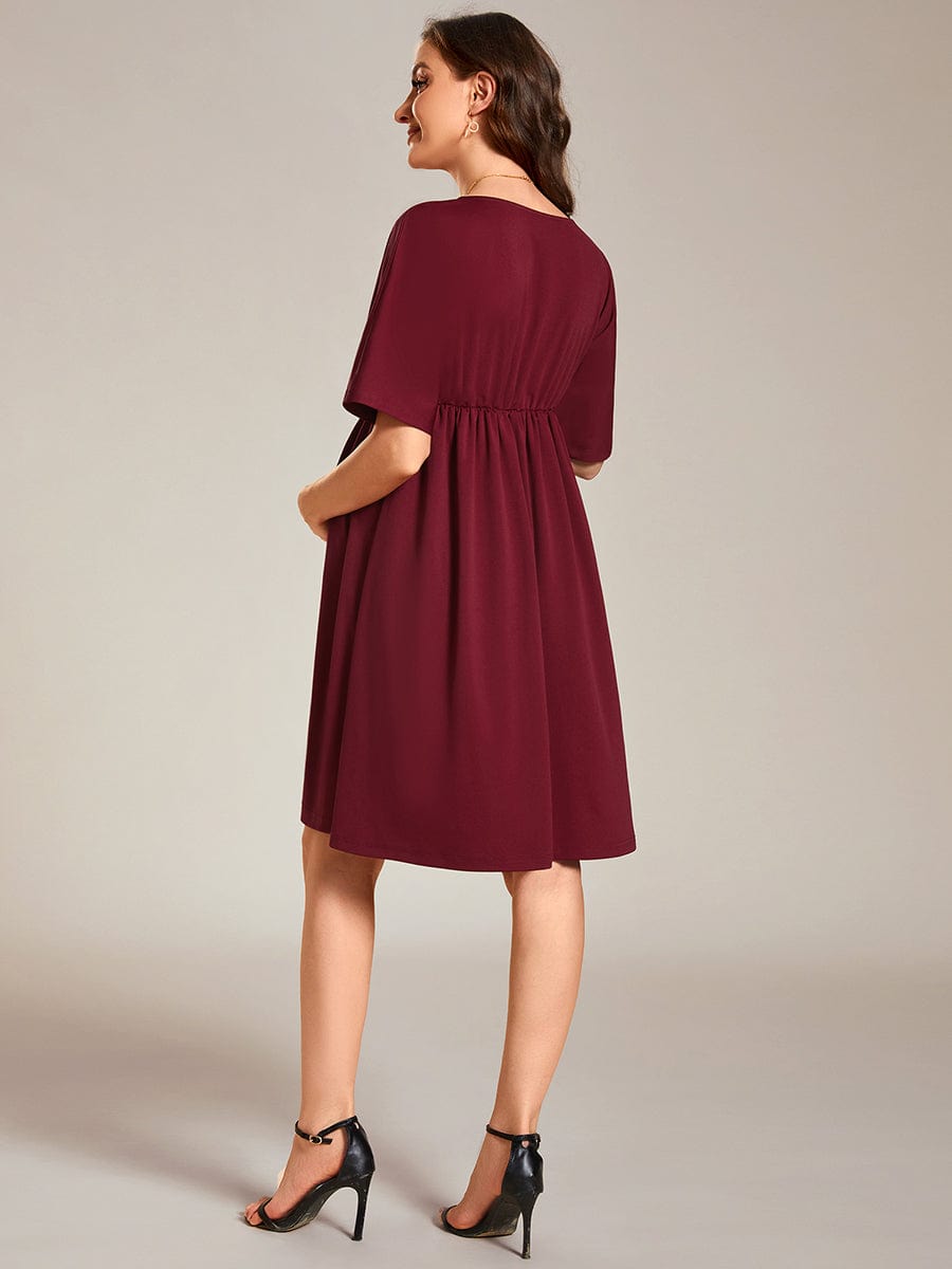Loose V-Neck Half Sleeve Knee Length Maternity Dress #color_Burgundy