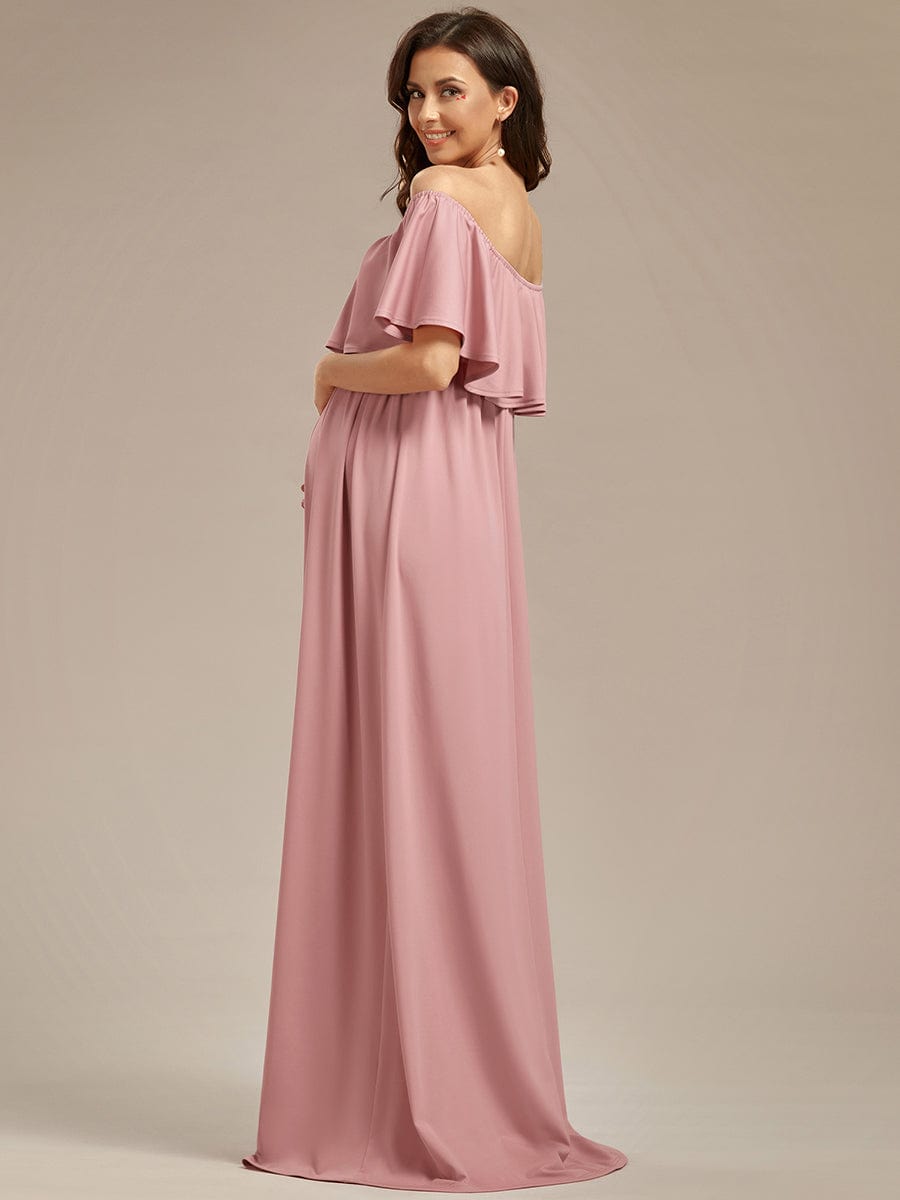 Flattering A-Line Maternity Dress with Off-Shoulder Ruffle #color_Dusty Rose