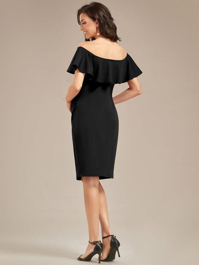 Elegant Ruffle Off-The-Shoulder Bodycon Midi Maternity Dress #color_Black