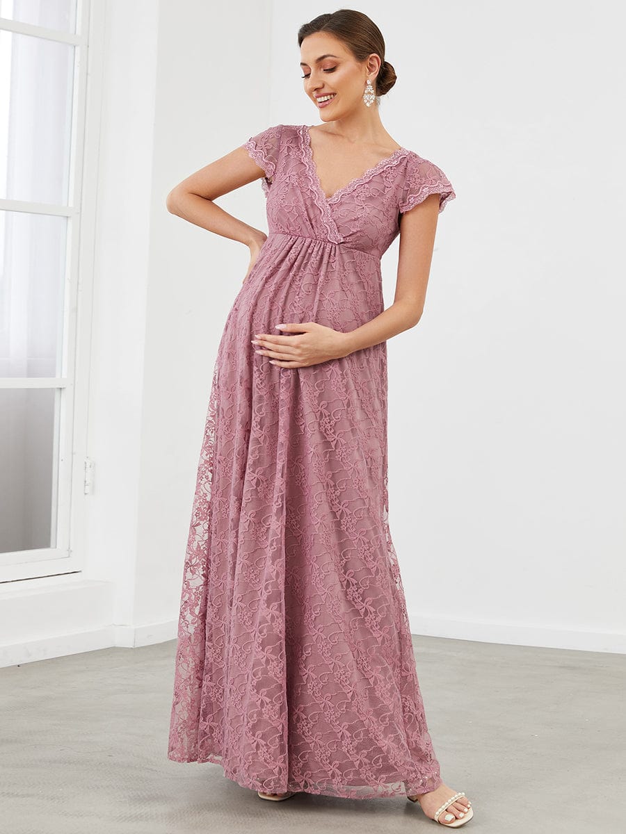 A-Line Lace V-Neck Short Sleeve Maternity Dress #color_Purple Orchid A-Line Lace V-Neck Short Sleeve Maternity Dress