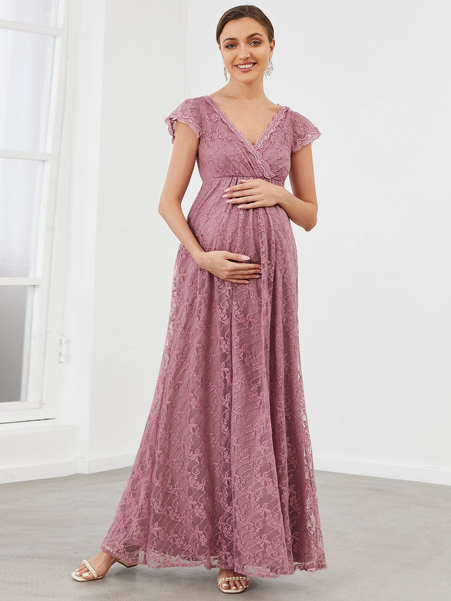 A-Line Lace V-Neck Short Sleeve Maternity Dress #color_Purple Orchid A-Line Lace V-Neck Short Sleeve Maternity Dress