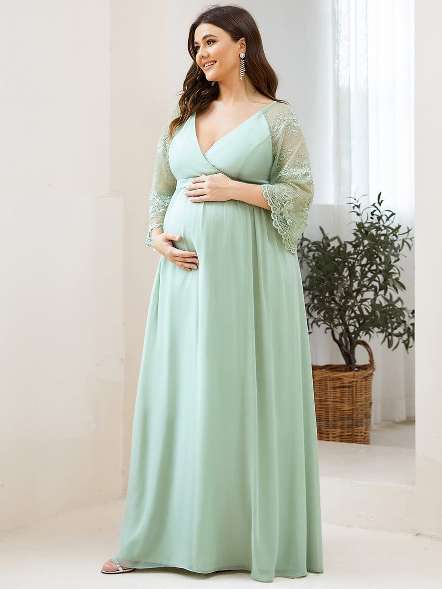 Sheer Lace Short Sleeve Maxi Maternity Dress #color_Mint Green Sheer Lace Short Sleeve Maxi Maternity Dress