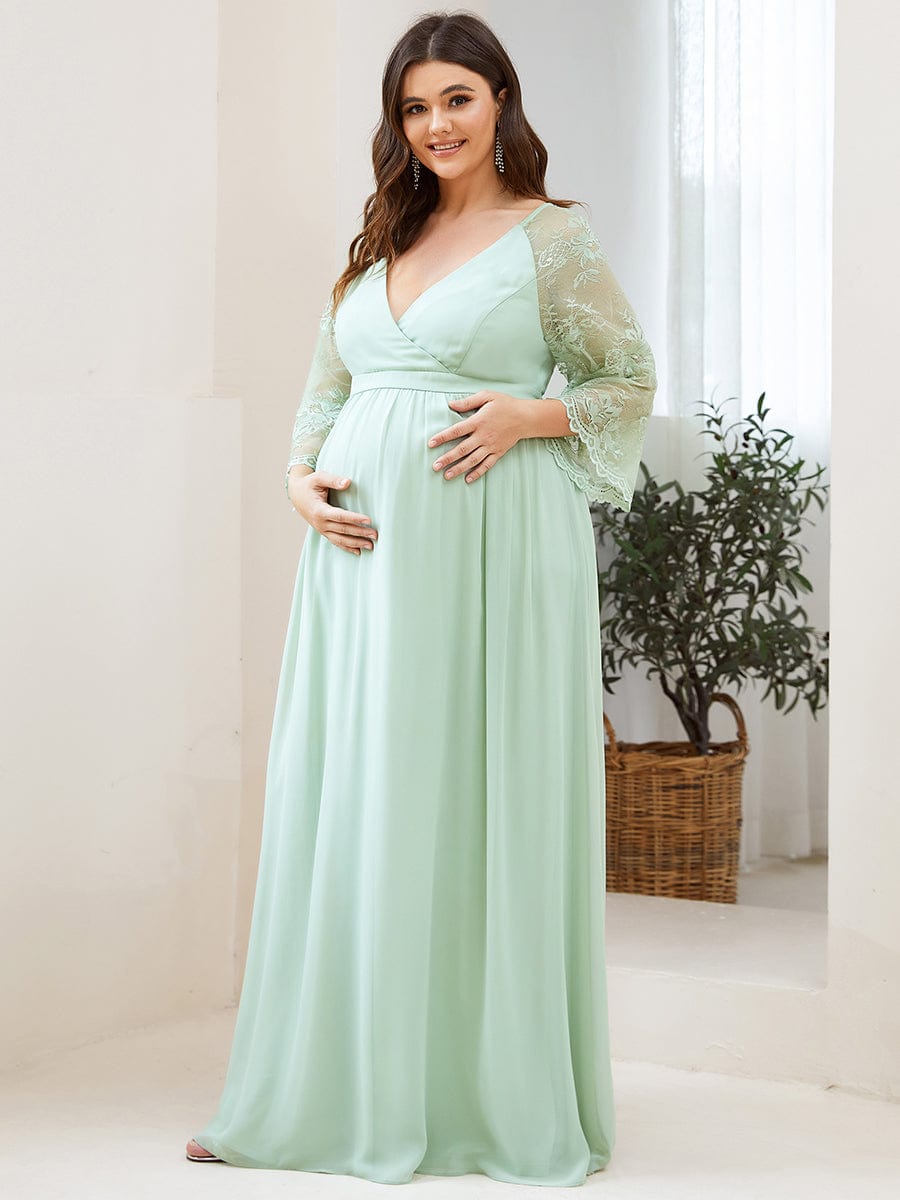 Sheer Lace Short Sleeve Maxi Maternity Dress #color_Mint Green Sheer Lace Short Sleeve Maxi Maternity Dress