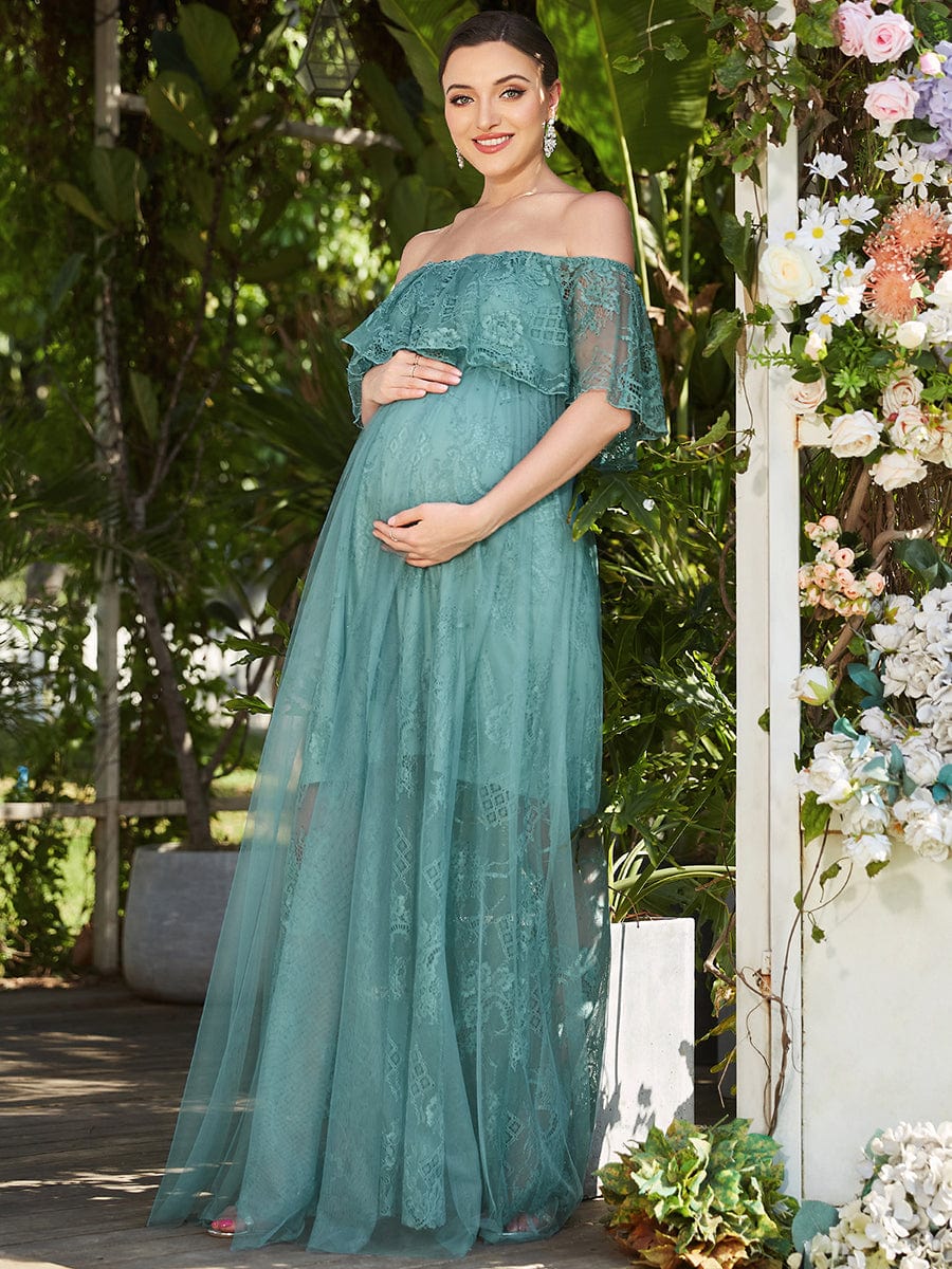 Off Shoulder Sheer Pleated Lace A-line Maternity Dress #color_Dusty Blue Off Shoulder Sheer Pleated Lace A-line Maternity Dress