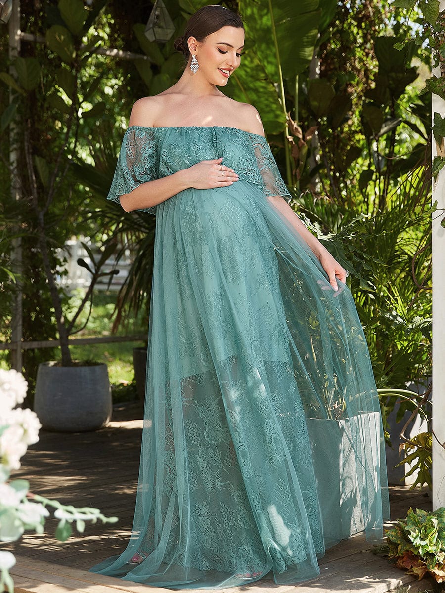 Off Shoulder Sheer Pleated Lace A-line Maternity Dress #color_Dusty Blue Off Shoulder Sheer Pleated Lace A-line Maternity Dress