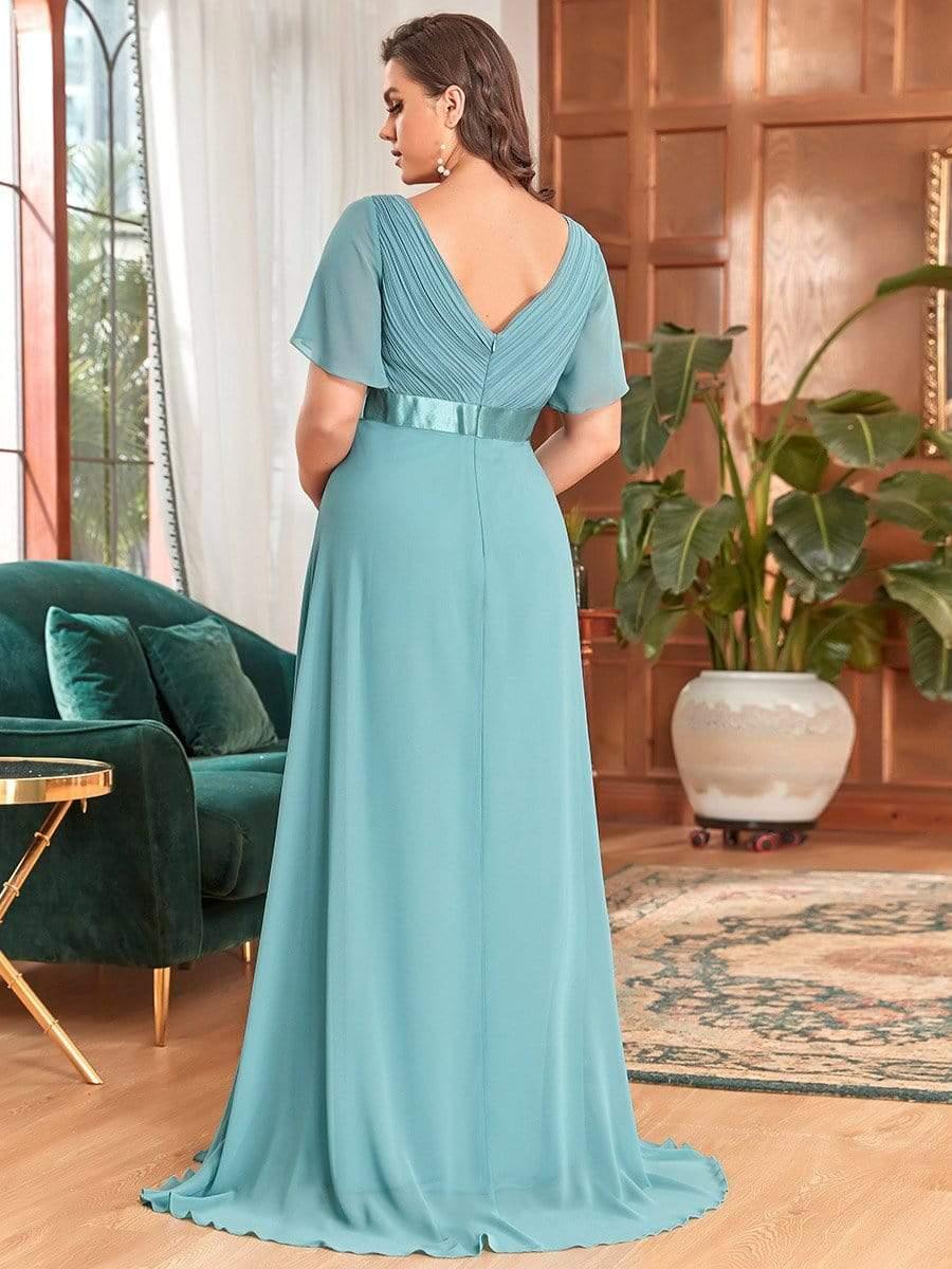 Pleated Bodice V Neck Floor Length Maternity Wedding Guest Dress with Sleeves #color_Light Teal