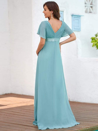 Pleated Bodice V Neck Floor Length Maternity Wedding Guest Dress with Sleeves #color_Light Teal