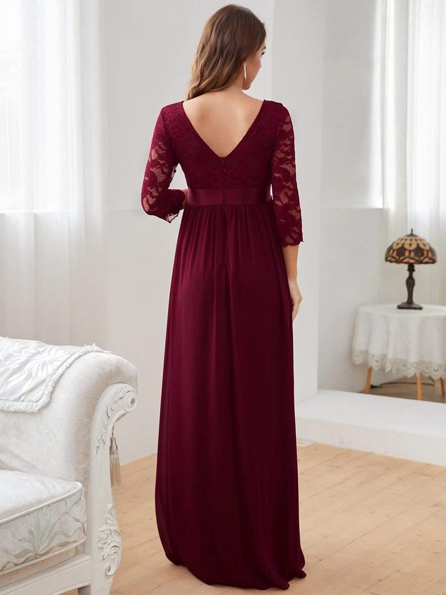 Round Neck V Back 3/4 Sleeves Embroidered Maternity Dress #color_Burgundy