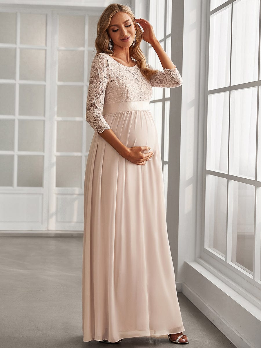 Round Neck V Back 3/4 Sleeves Embroidered Maternity Dress #color_Blush