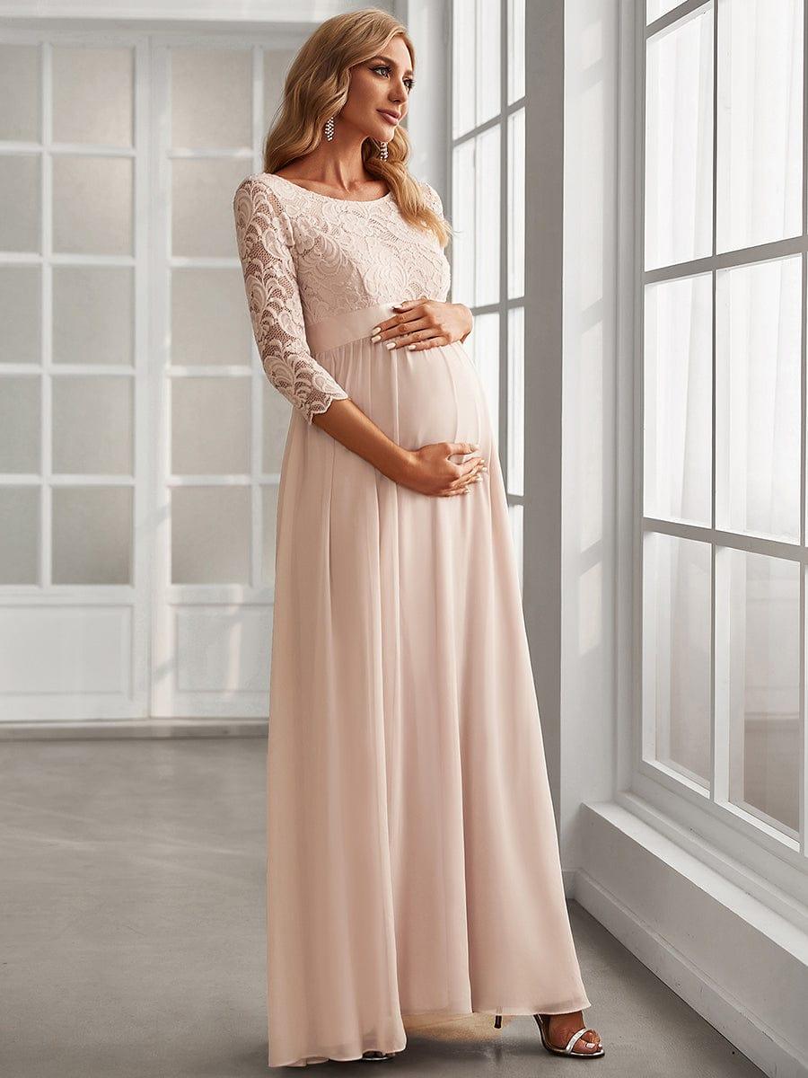 3/4 Sleeves Round Neck V-Back Embroidered Maternity Wedding Guest Dress