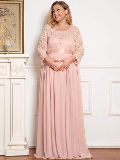 3/4 Sleeve Lace Floor Length Plus Size Maternity Dress #color_Pink