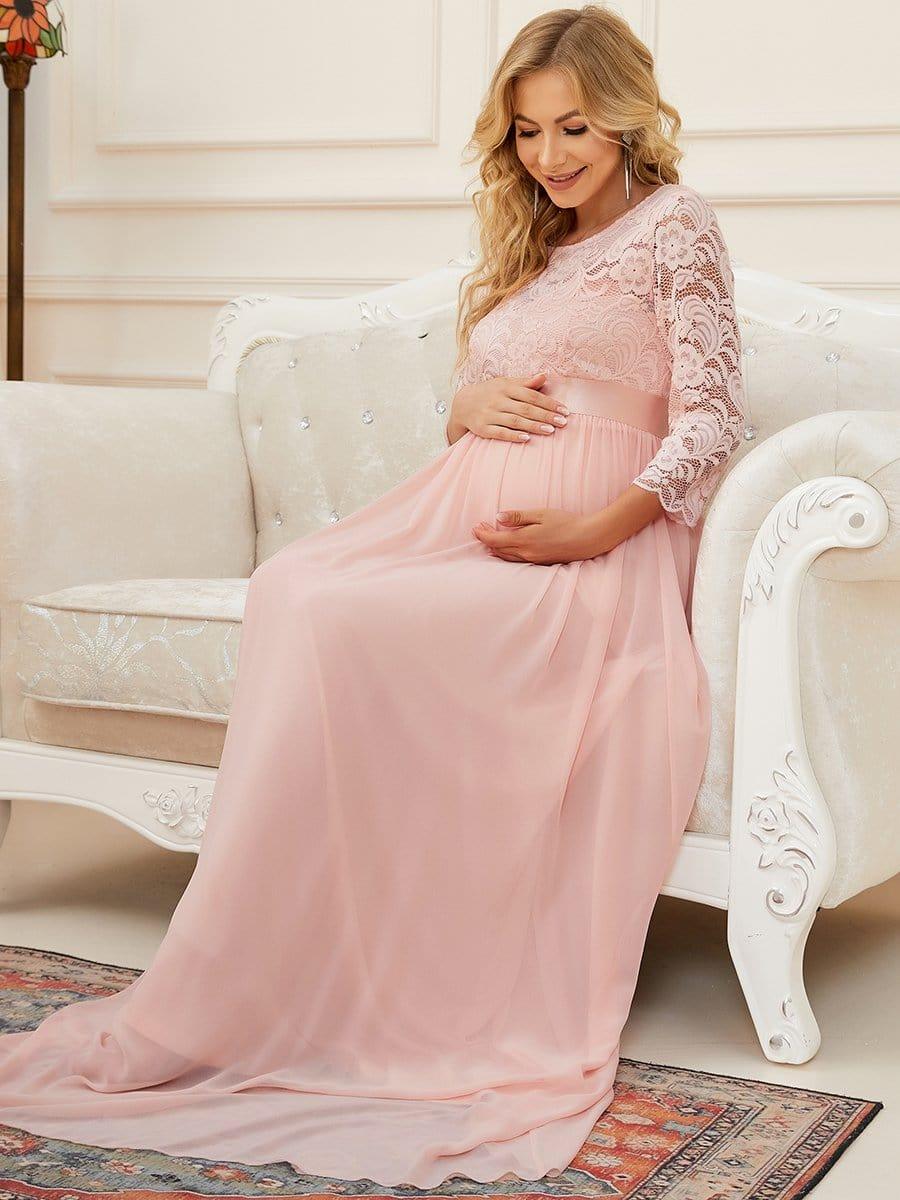 Round Neck V Back 3/4 Sleeves Embroidered Maternity Dress #color_Pink