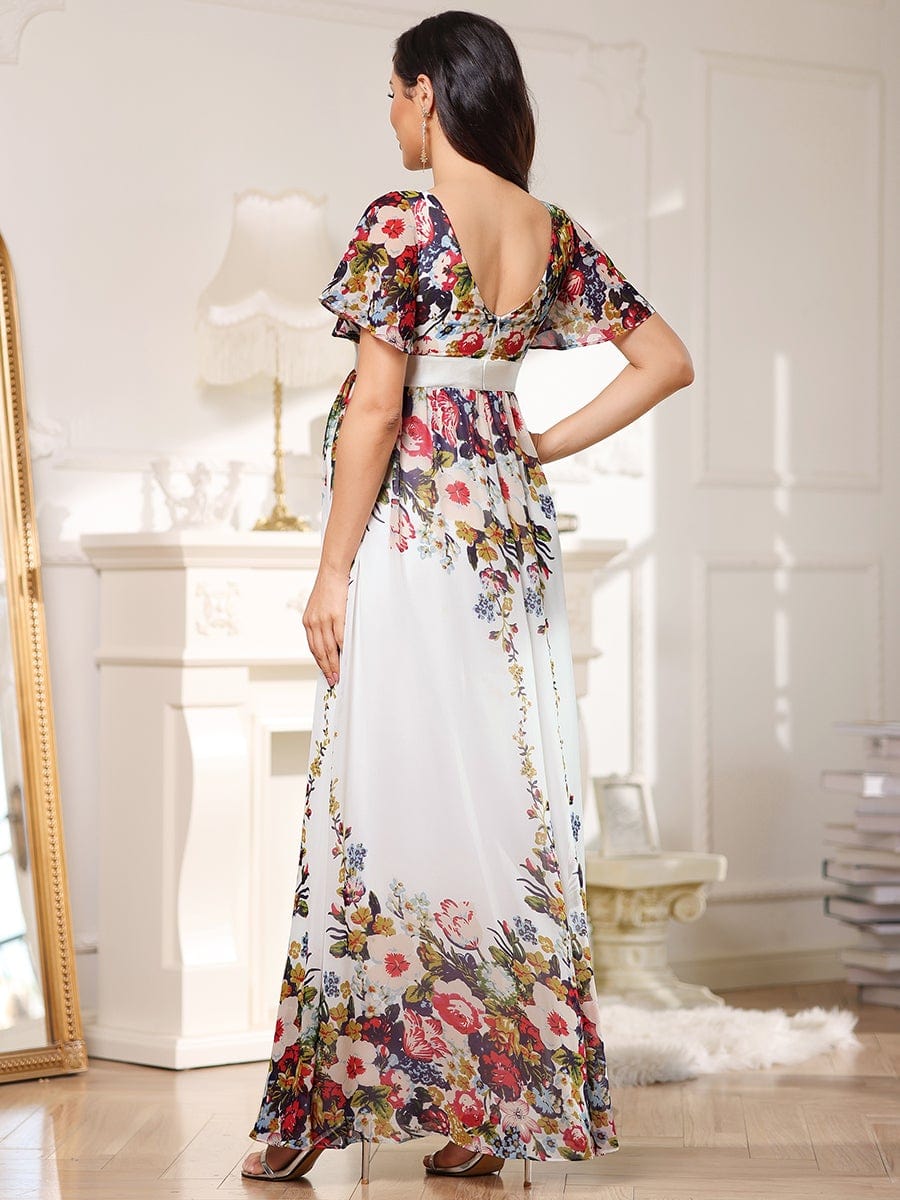 Double V Butterfly Sleeves A-Line Long Floral Maternity Dress #color_Printed Cream