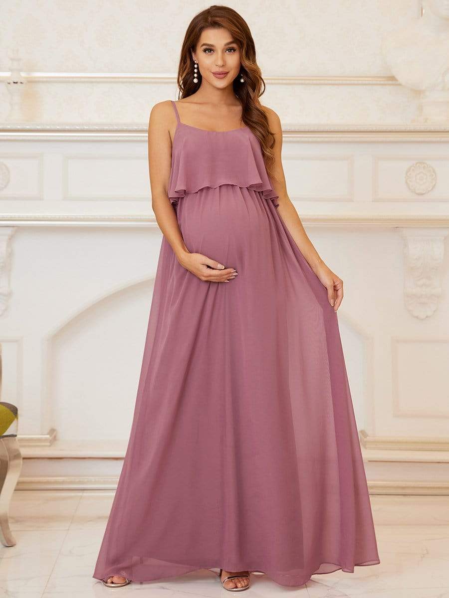 Spaghetti Straps Solid Pleated A-Line Maternity Dress #color_Purple Orchid