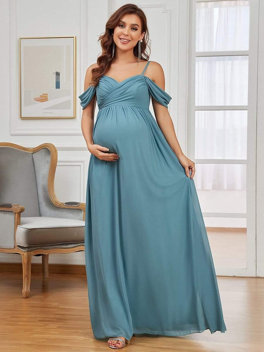 Off The Shoulder Spaghetti Straps Solid Maxi Maternity Dress #color_Light Teal